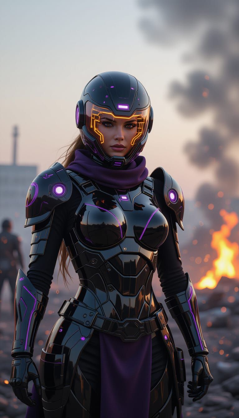 Futuristic Warrior Woman in Neon Dystopian Battlefield