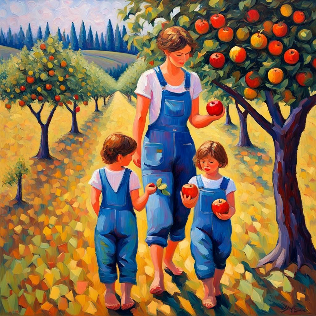 Apple Picking: Neo-Impressionist Family Scene
