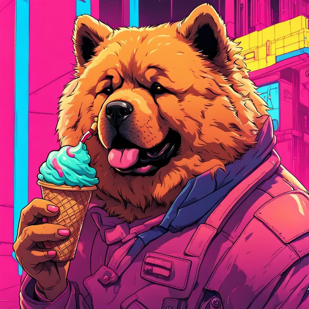 Chow Chow Enjoys Ice Cream in Cyberpunk Neon