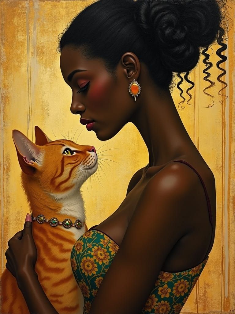 African American Woman in Art Deco Style, Admiring Her Felin...
