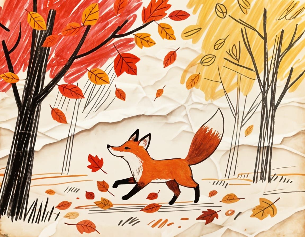Hand Drawn Fox in Autumn Leaves Naive Art Style