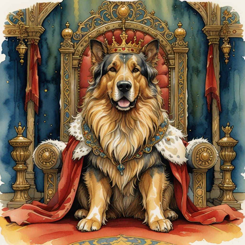 Dog King in Fairytale Watercolor Throne Room