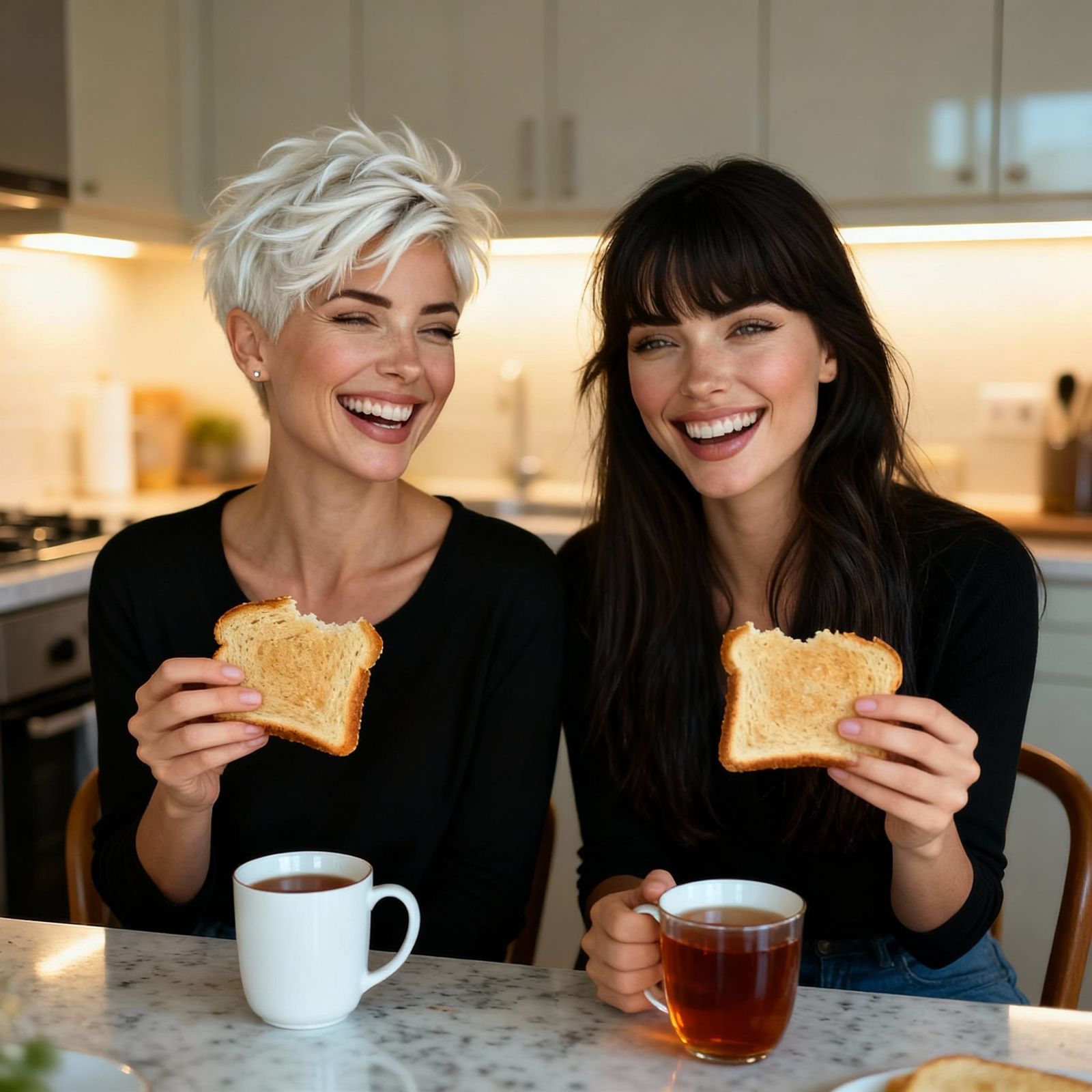 Two Women Laughing Over Toast and Tea in Kitchen