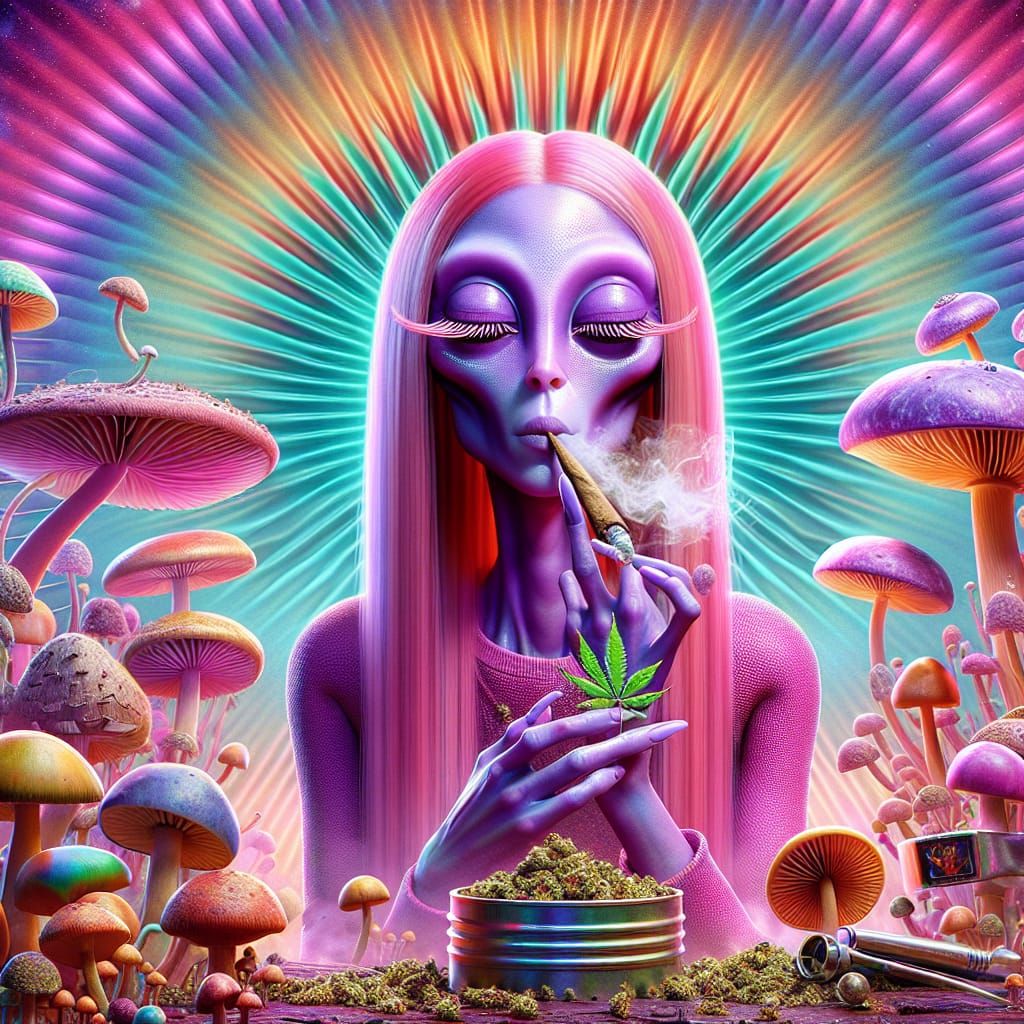 Hyperrealistic Lavender Alien Smoking a Blunt
