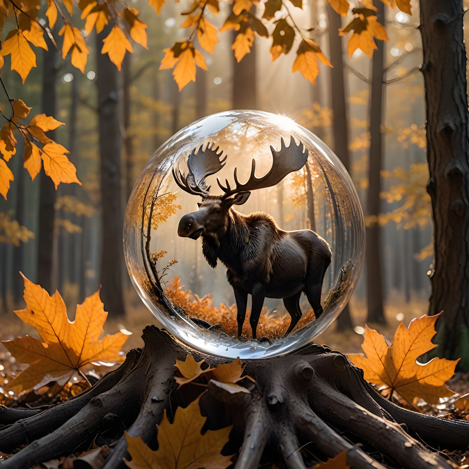 Moose in Crystal Ball: Hyperrealistic Autumn Scene