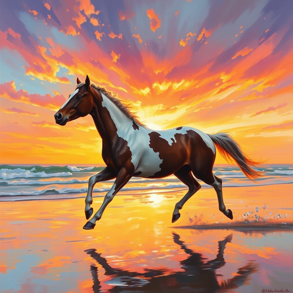 Spotted Horse Gallops on Beach at Sunset
