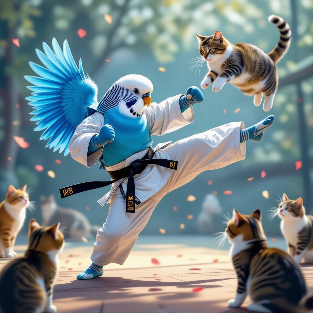 Budgie Karate Master: One Bird Versus Ten Cats