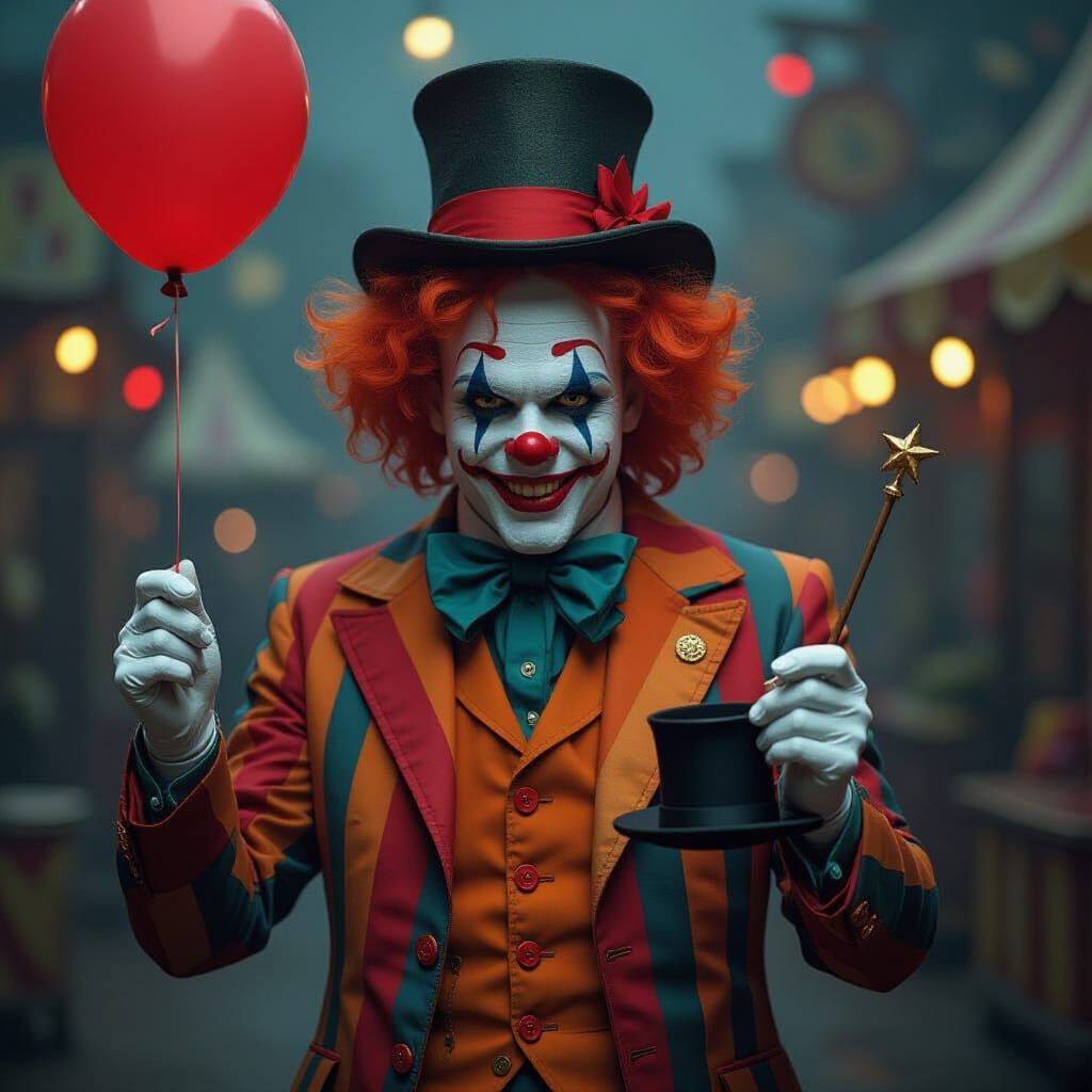 Creepy Clown Performs Magic with Red Balloon