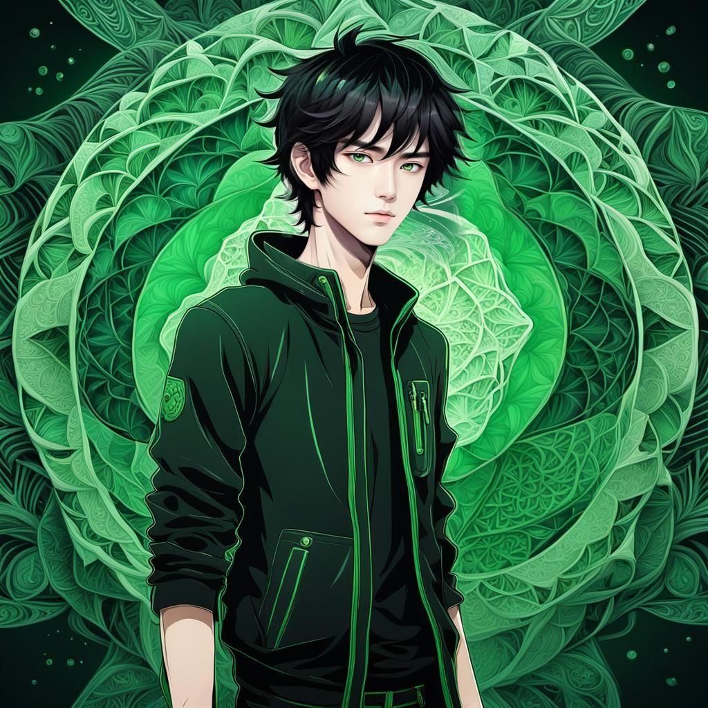Handsome Anime Boy with Black Hair and Green Eyes