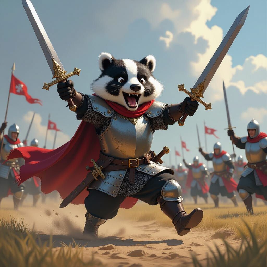 Knight Badger Trips on Sword in Fantasy Art Style