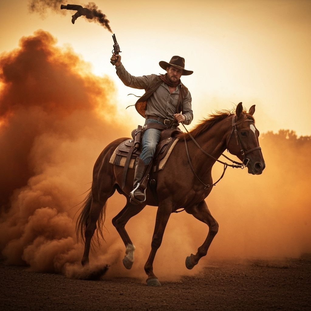 Epic Western Cowboy Riding Horse with Smoking Gun