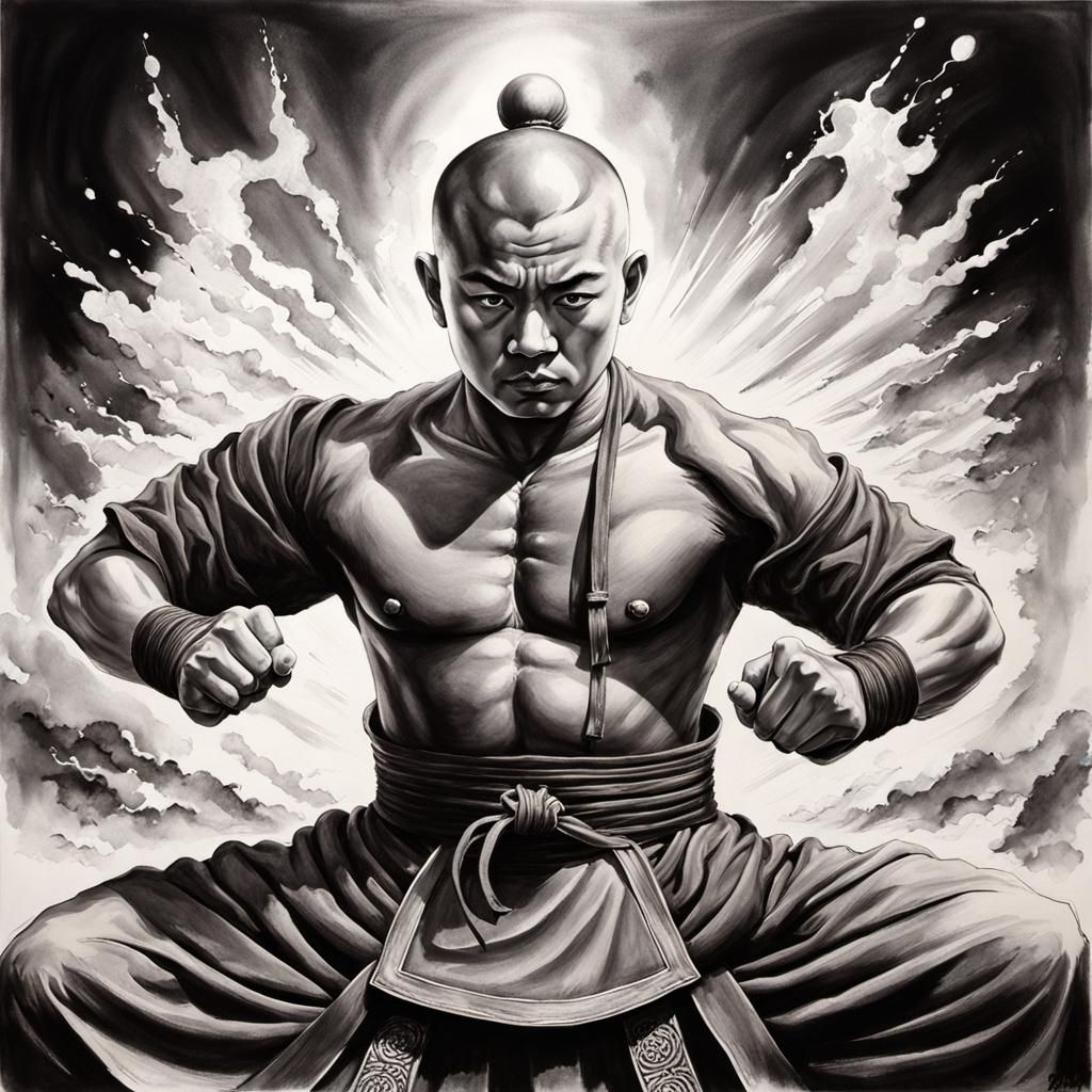 Monochrome Shaolin Monk Art Splash with Rising Sun