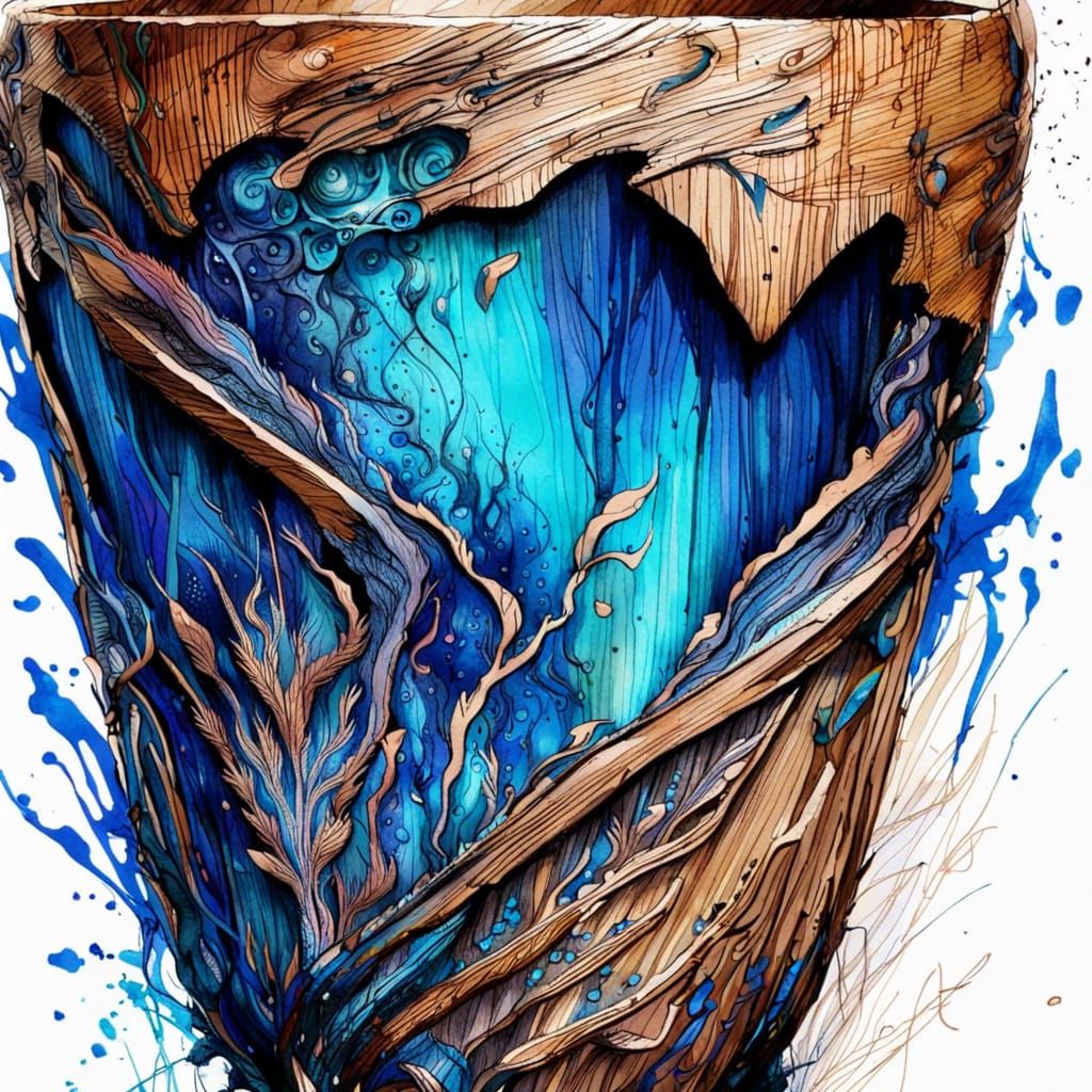 Wooden Cup with Blue Flames: Detailed Watercolor Illustratio...