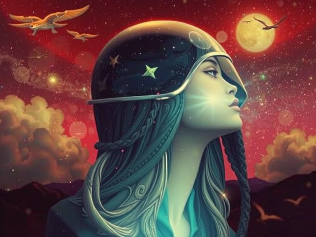 Celestial Woman in Starry Automobile, Surreal Art