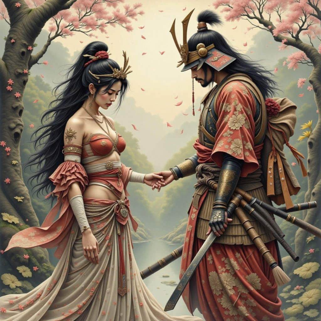 Samurai Contend for Maiden in Classical Oil Painting