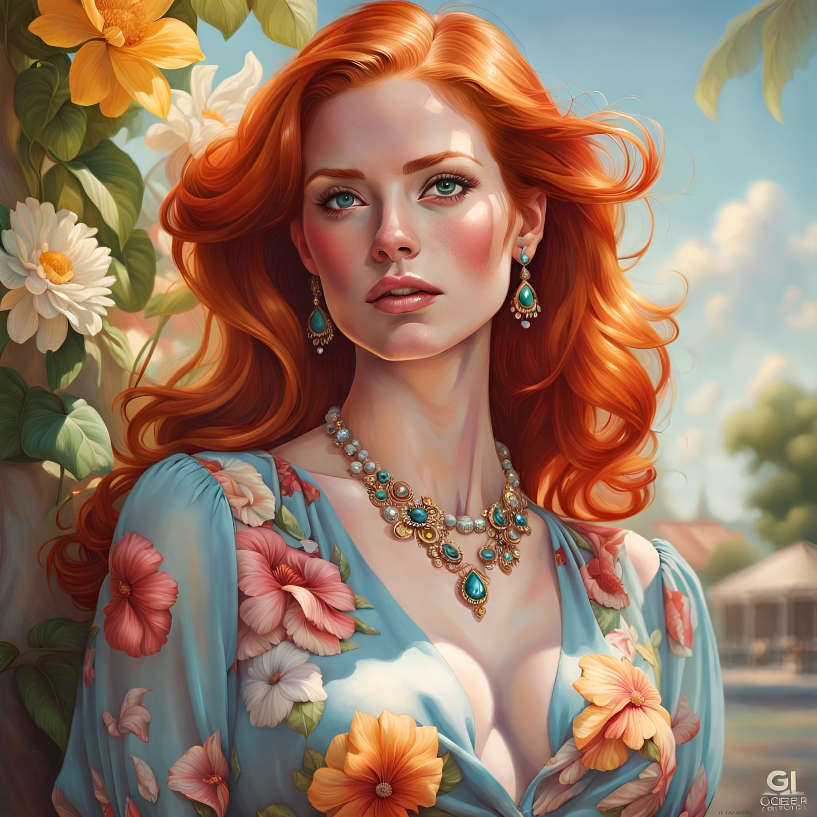 Gorgeous Redhead Woman in Flower Blouse: Hyperrealistic Port...