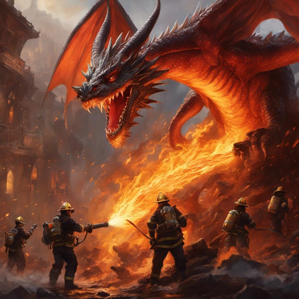 Firefighters vs Fire Dragon: Hyperdetailed Concept Art