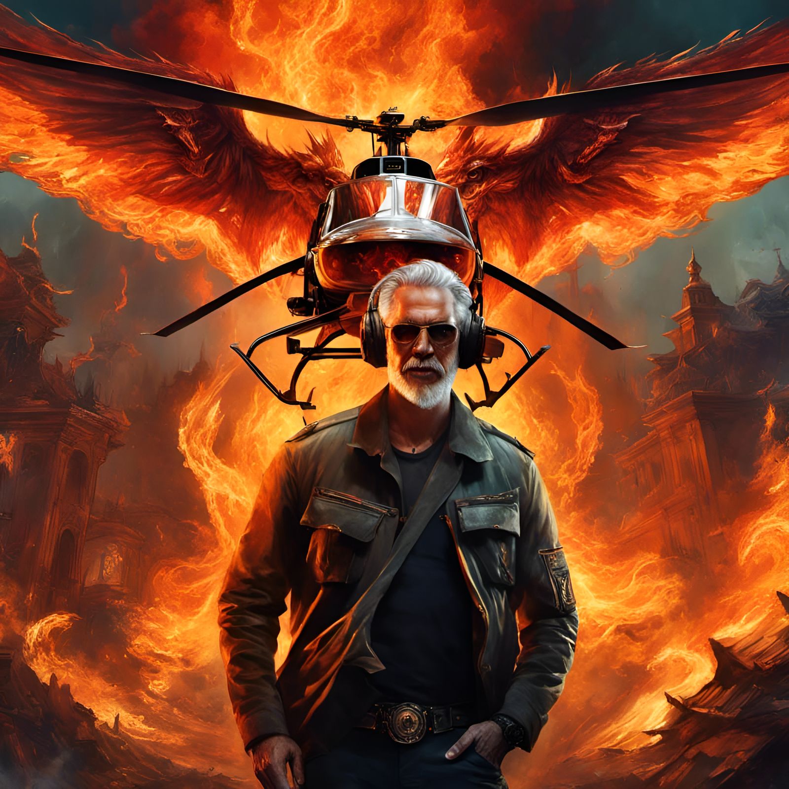 Demonic Pilot Soaring Through Flames