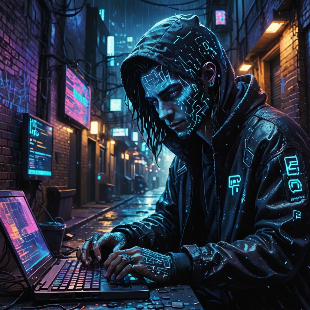 Cyberpunk Hacker in Pointillist Neon Dystopia