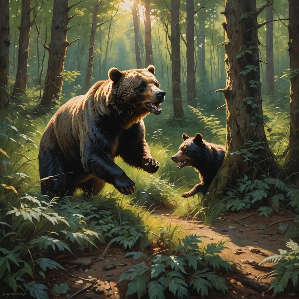 Bear Defending Itself as Oil Painting