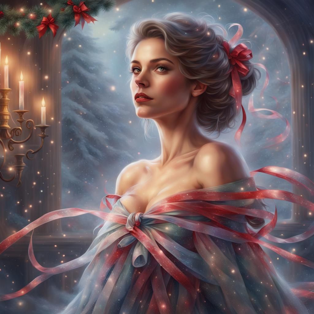 Woman Wrapped in Christmas Ribbons: Ethereal Portrait
