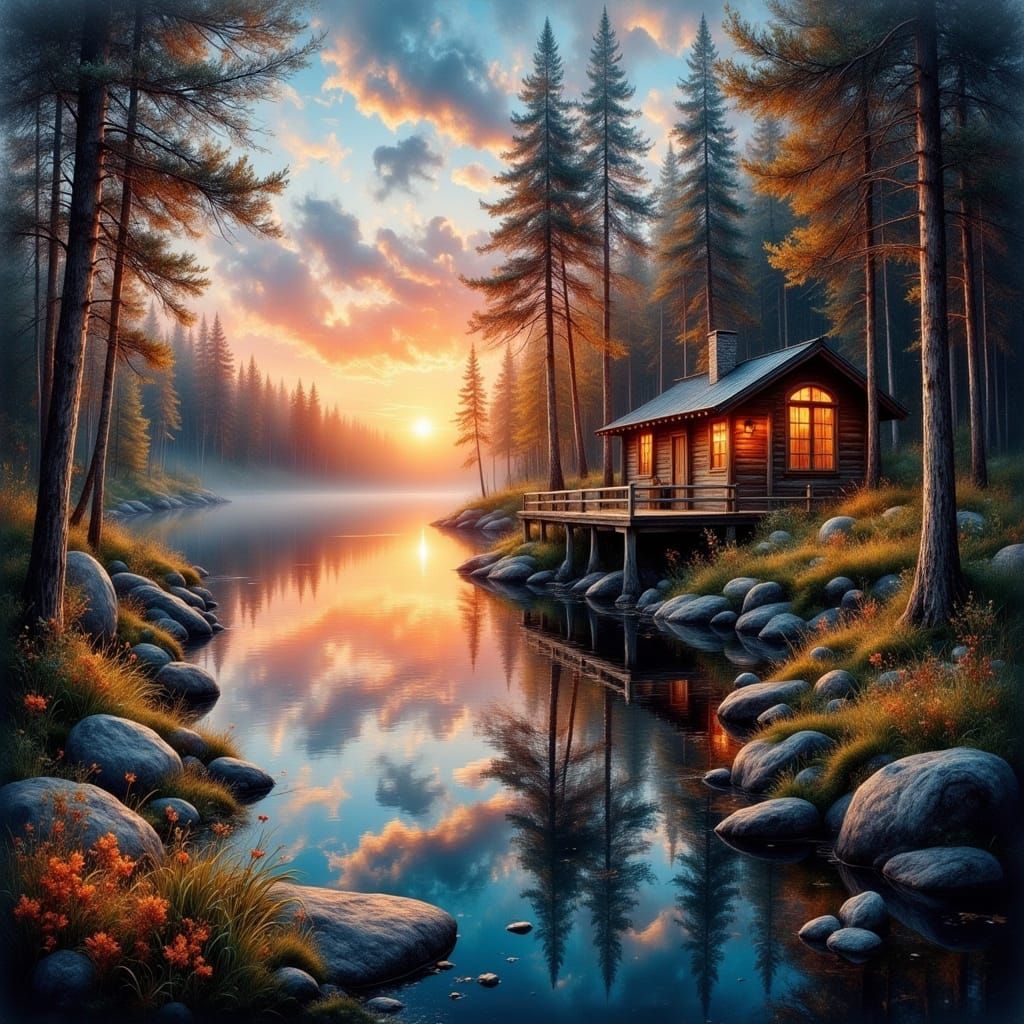 Sunrise Over Forest Lake With Log Cabin
