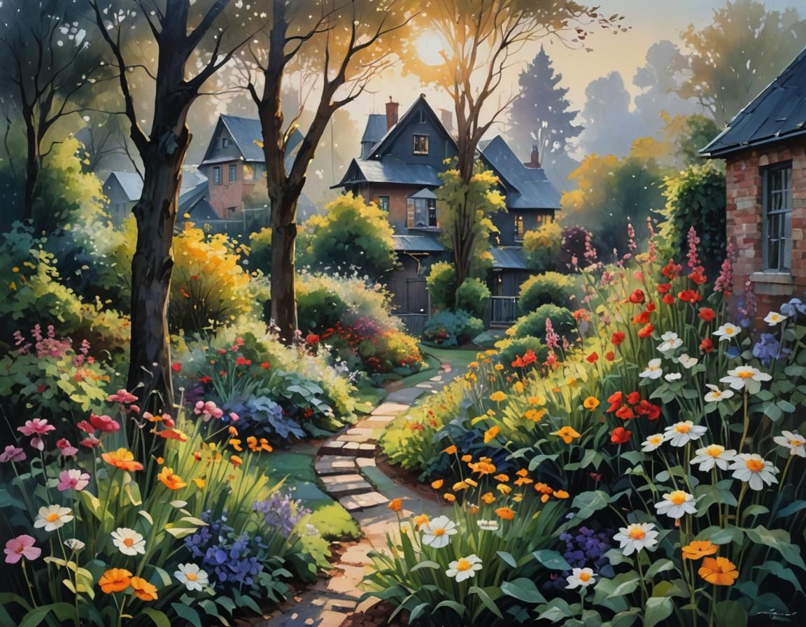 Sunbeams in Dark Backyard: Expressionist Oil Painting