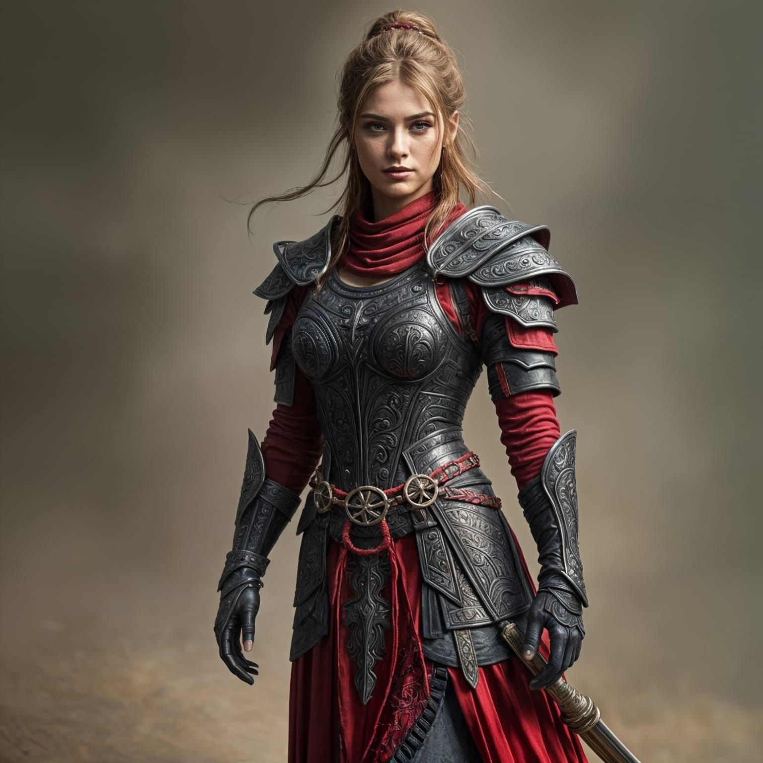 Hyperrealistic Female Warrior in Red and Black Armor