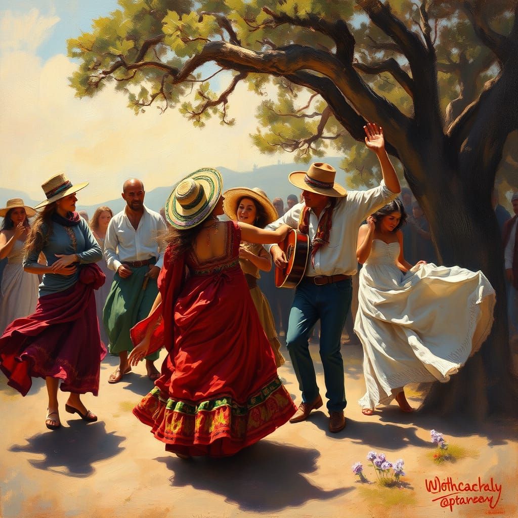 Romantic Gypsy Dance in Vibrant Oil Painting