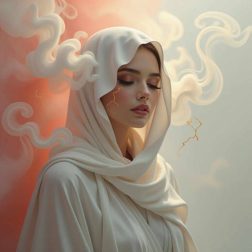 Ethereal Woman Dissolving into Smoke with Golden Cracks