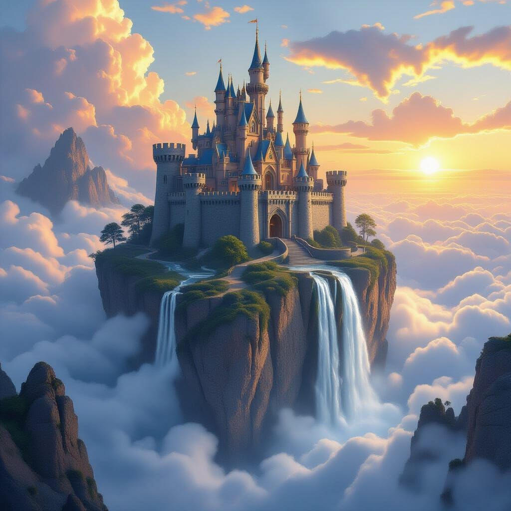 Majestic Castle on Floating Rock with Waterfalls at Sunset
