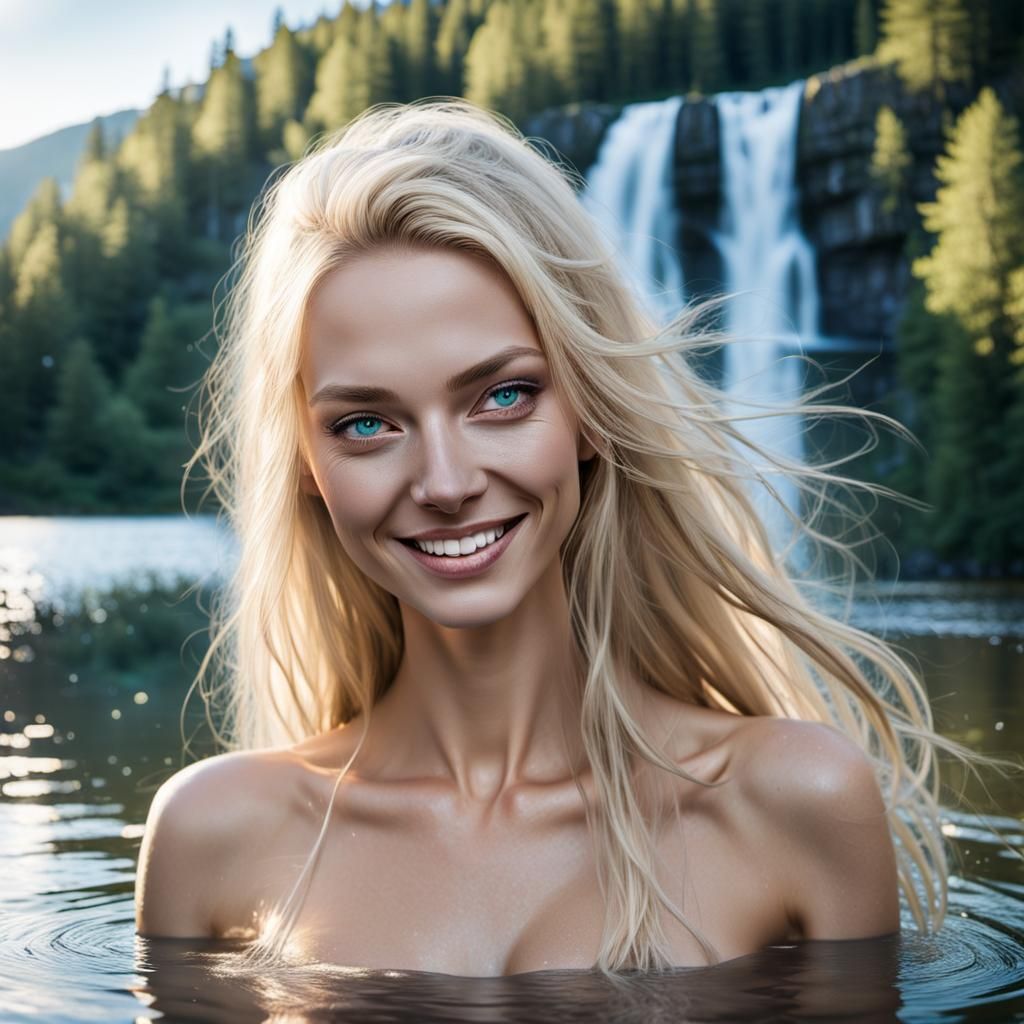 Scandinavian Woman Skinny Dipping in Waterfall