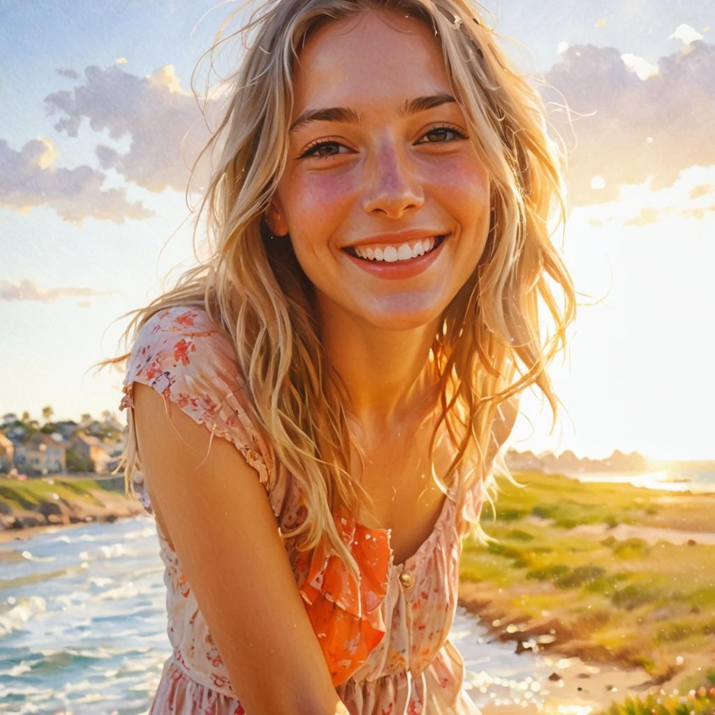 Smiling Summer Girl Portrait in Impressionist Style
