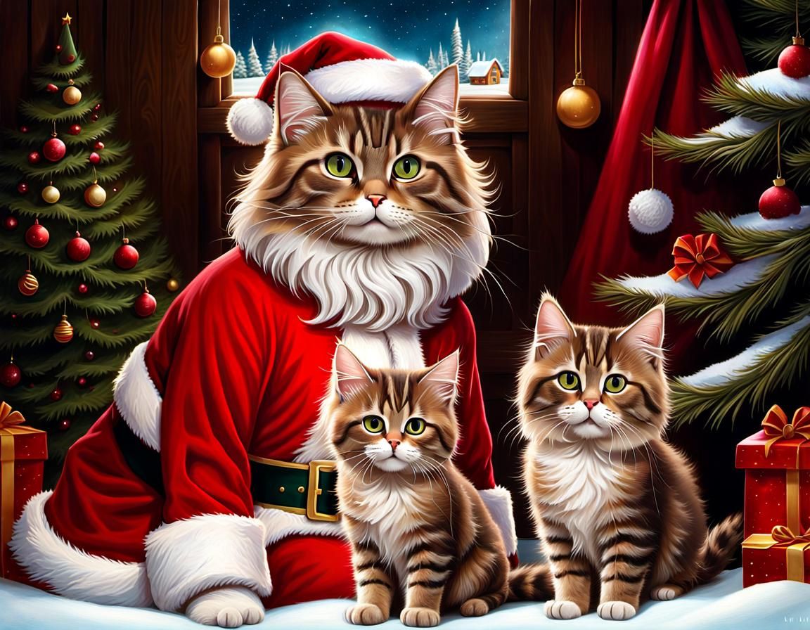 Siberian Cat Santa and Kitten Helpers
