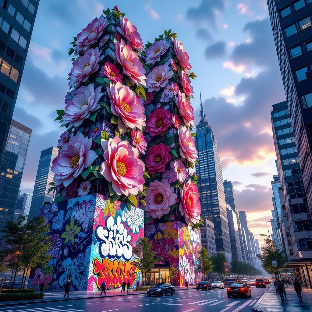 Skyscrapers & Giant Flowers in Vibrant Graffiti City