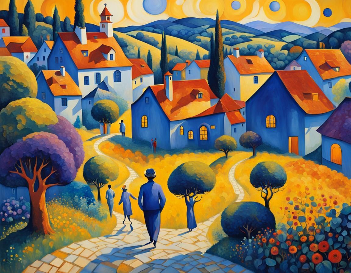 Lively Village Scene in Surrealist Style
