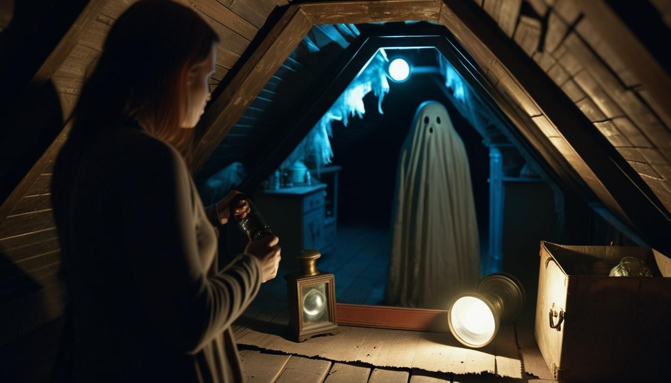 Woman Exploring Haunted Attic with Ghost in Mirror