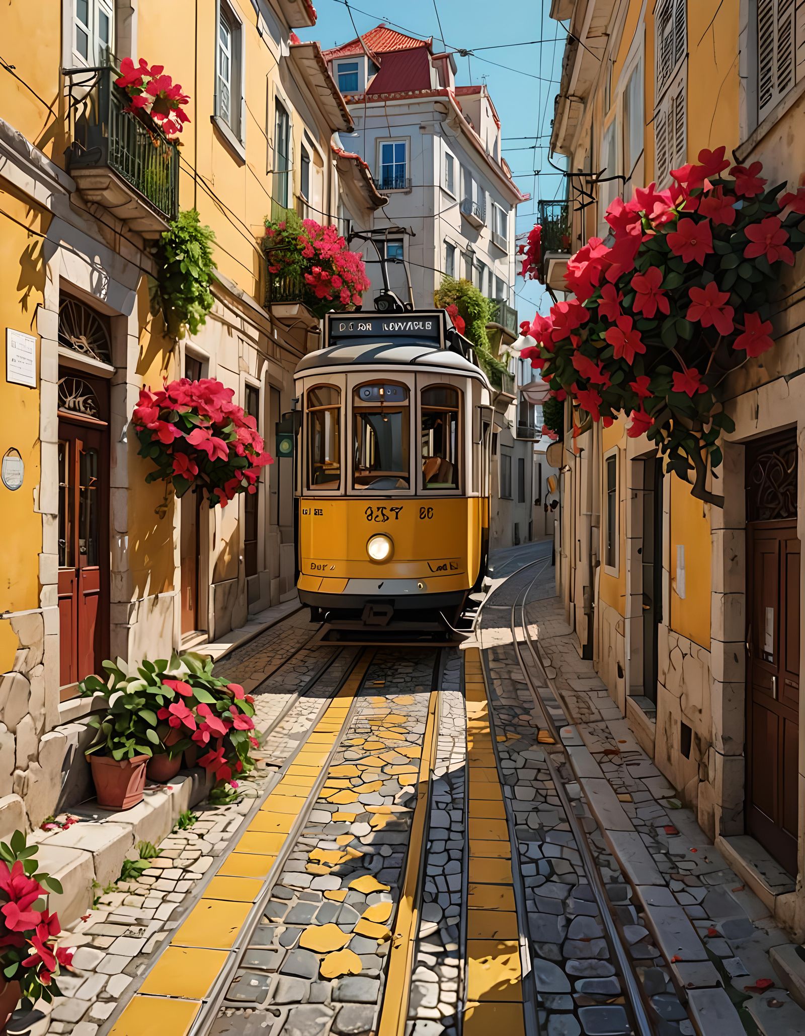 Lisbon Tram on Cobblestone Street, Anime Art