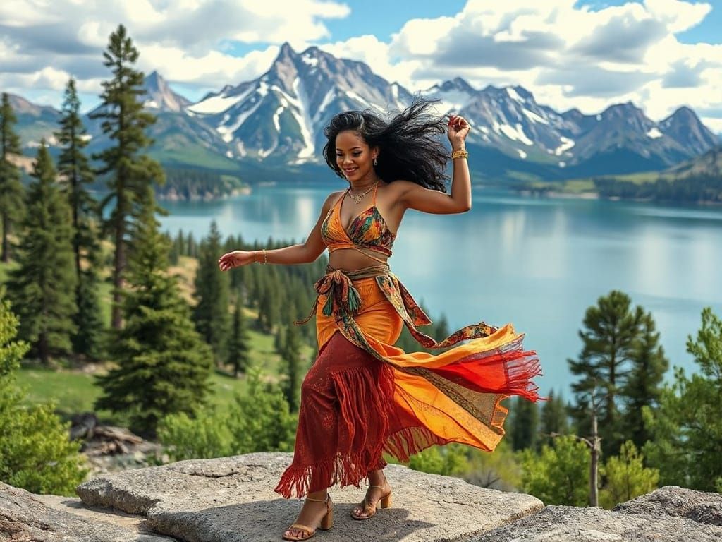 Vibrant Pop Star Dances at Yellowstone Lake in Psychedelic S...