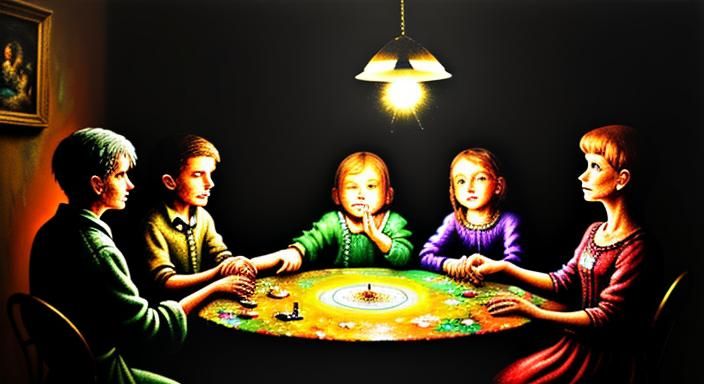 Seance with Ouija Board in Neo-Impressionist Style