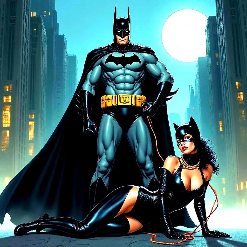 Batman and Catwoman in Gritty Gotham City Night Scene