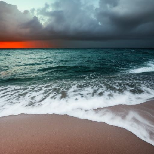 Dramatic Sunset Over Stormy Sea: Hyperrealistic Photo
