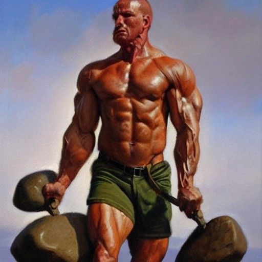 Muscular Man Lifting Rock: Oil Painting
