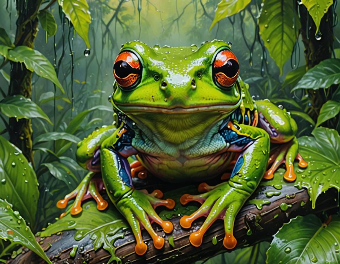 Rainforest Tree Frog Oil Painting in Hyperdetail