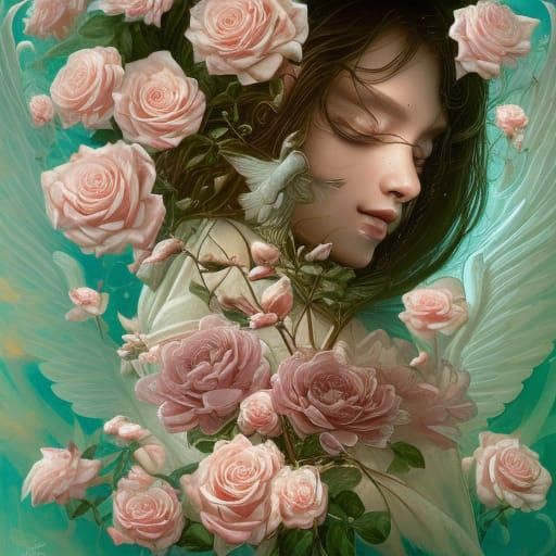 beautiful angel, white roses