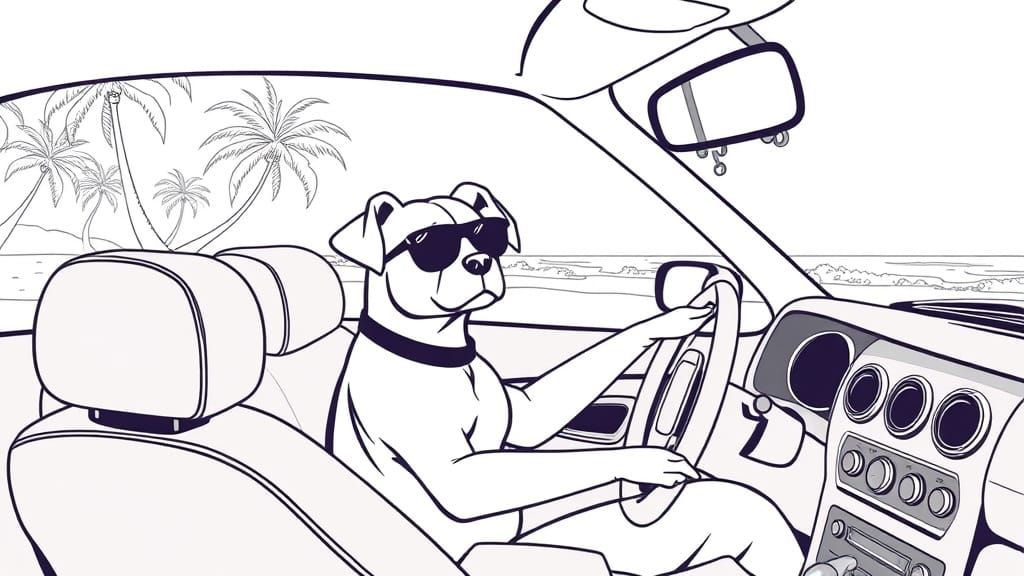 Beagle Driving on Tropical Beach in Line Art Style