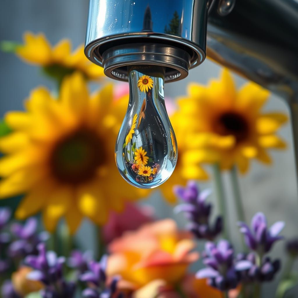 Photorealistic Water Droplet Reflecting a Vibrant Garden