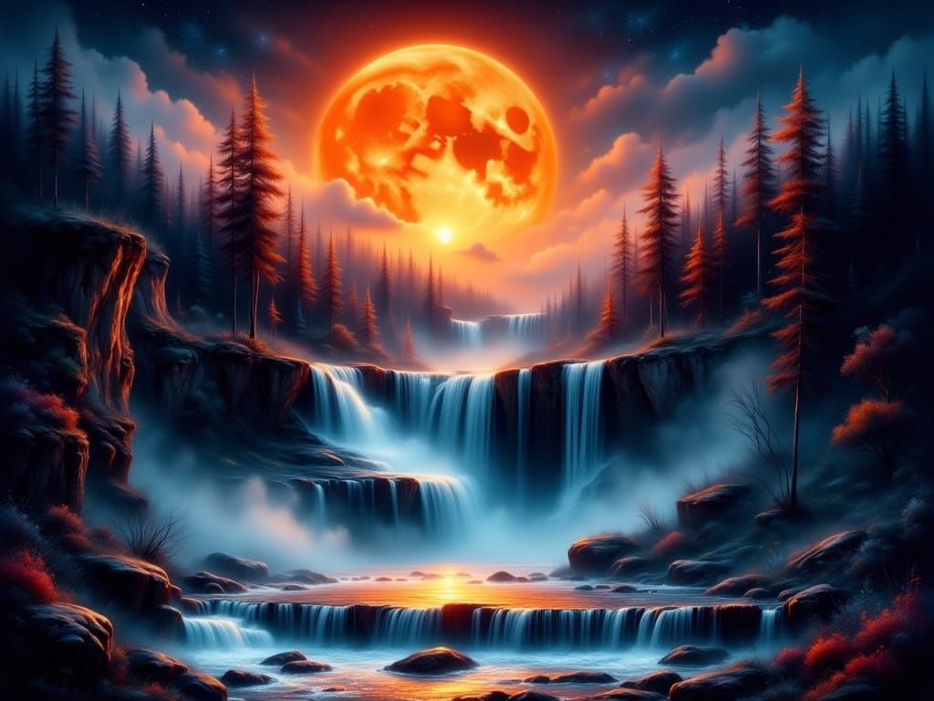 Vibrant Moonlit Falls in Impressionist Style