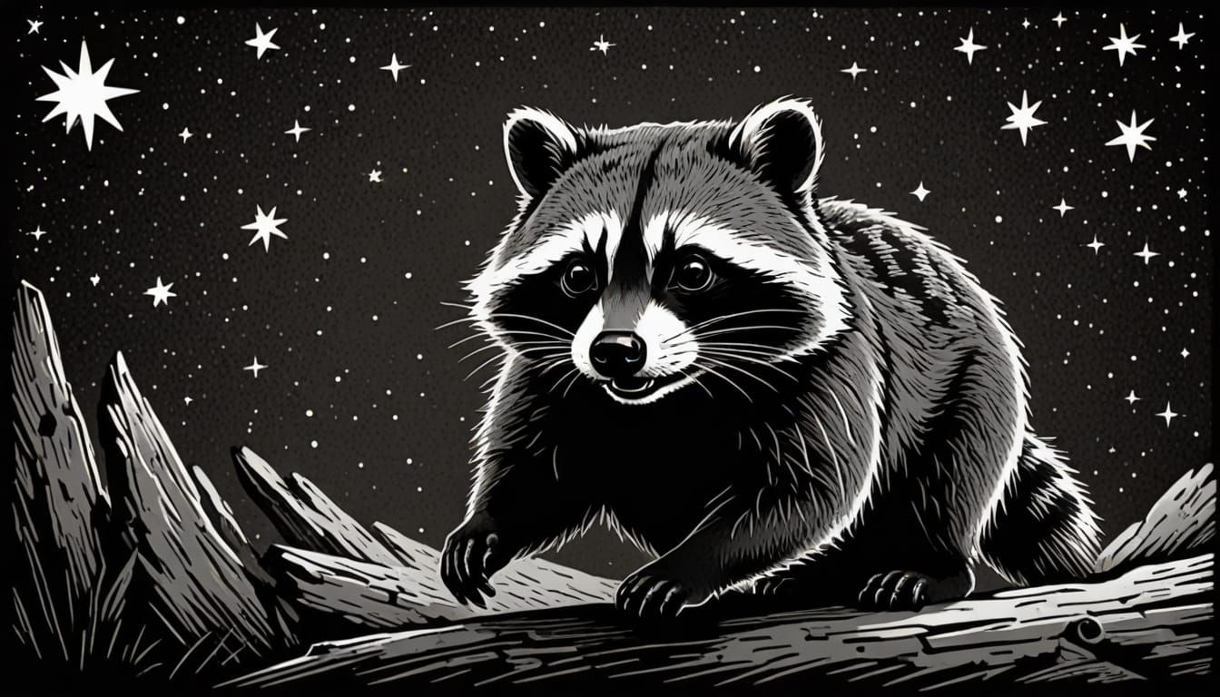 Whimsical Woodcut Raccoon Chasing Celestial Bodies