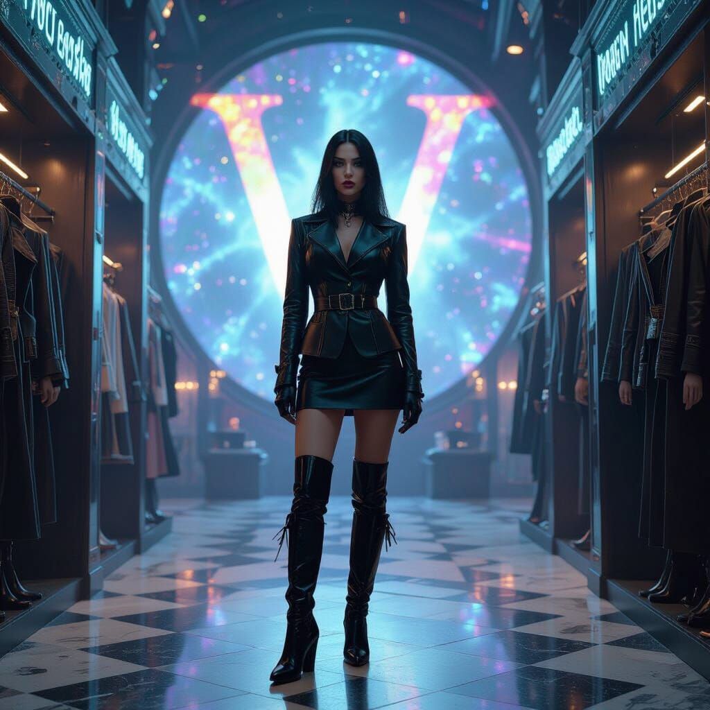 Goth Italian Woman in Leather Store with Cosmic Astral Style